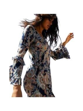 One Season Australia Fez Royal Dress Midi Bell Sleeve Ruffle Paisley Blue Medium